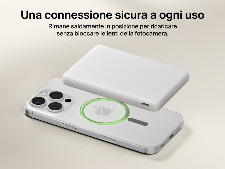 Belkin BoostCharge Slim Magnetic Power Bank 5K shown magnetically aligned between a smartphone and wallet accessory, demonstrating precise magnetic ring for secure attachment and camera-safe design.