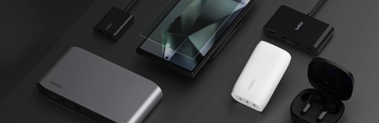 Samsung Galaxy S24 Accessories with screen protector, adapter and charger from Belkin.