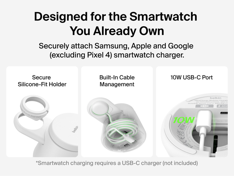 Belkin UltraCharge Modular Charging Dock with Qi2 25W showing secure silicone-fit smartwatch holder, built-in cable management, and a 10W USB-C port for flexible charging with compatible Apple, Google, and Samsung smartwatch chargers.