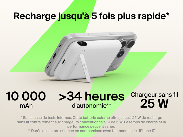 Belkin UltraCharge Pro Power Bank 10K with magnetic ring attached to a smartphone, highlighting up to 25W wireless fast charging, 10,000 mAh capacity, extended battery life, and built-in kickstand for hands-free use.