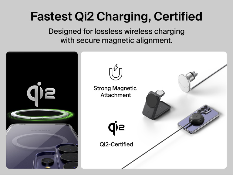 Belkin SheerForce Clear Series Case for Samsung Galaxy S26 shown supporting Qi2-certified 25W wireless charging with secure magnetic alignment for fast, efficient, and reliable charging.