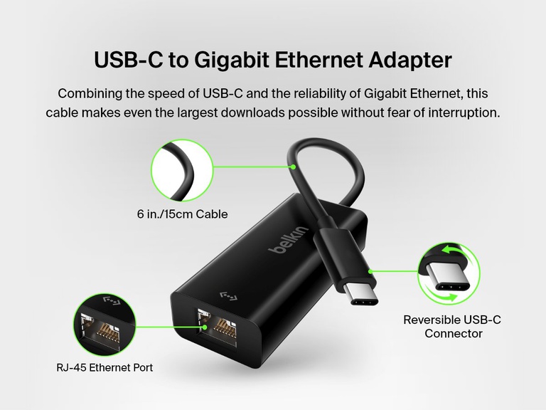 Belkin USB-C to Gigabit Ethernet Adapter is shown with callouts identifying its 6-inch cable, RJ-45 Ethernet port, and reversible USB-C connector for reliable high-speed wired internet access.