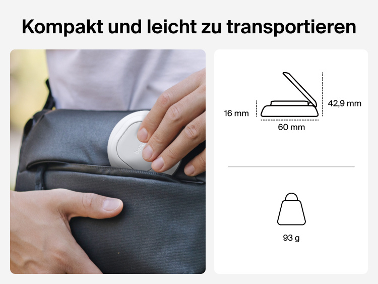Belkin UltraCharge magnetisches Ladeger&auml;t mit Qi2 25W wird als kompaktes Zubeh&ouml;r f&uuml;r Reisen gezeigt, das bequem in eine Tasche passt. Abmessungen und leichtes Gewicht werden in einer Abbildung hervorgehoben.