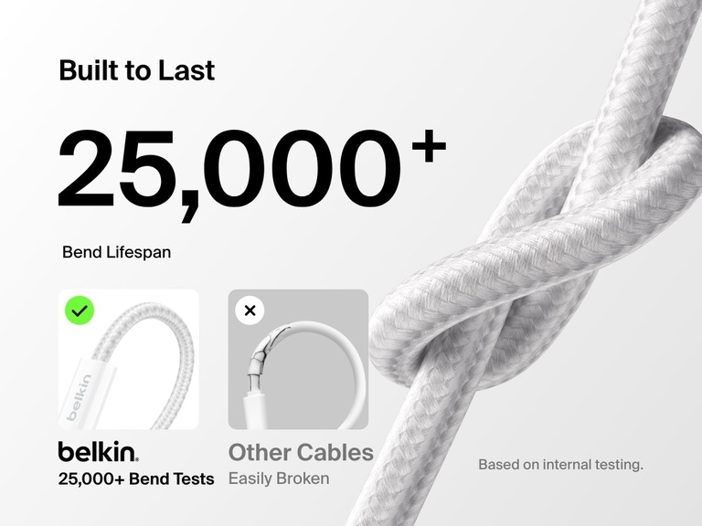 Belkin BoostCharge Lightning 커넥터 USB-C 케이블은 브레이디드 디자인과 25,000회 이상의 굽힘을 견디는 수명을 갖추고 있어 쉽게 끊어지는 일반 케이블과 비교했을 때 내구성이 뛰어나다는 점을 강조하는 이미지입니다.