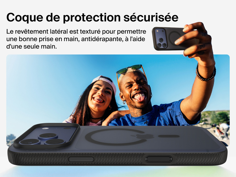 Belkin SheerForce Grip Series Case for iPhone 17 with military-grade drop protection and textured non-slip grip.