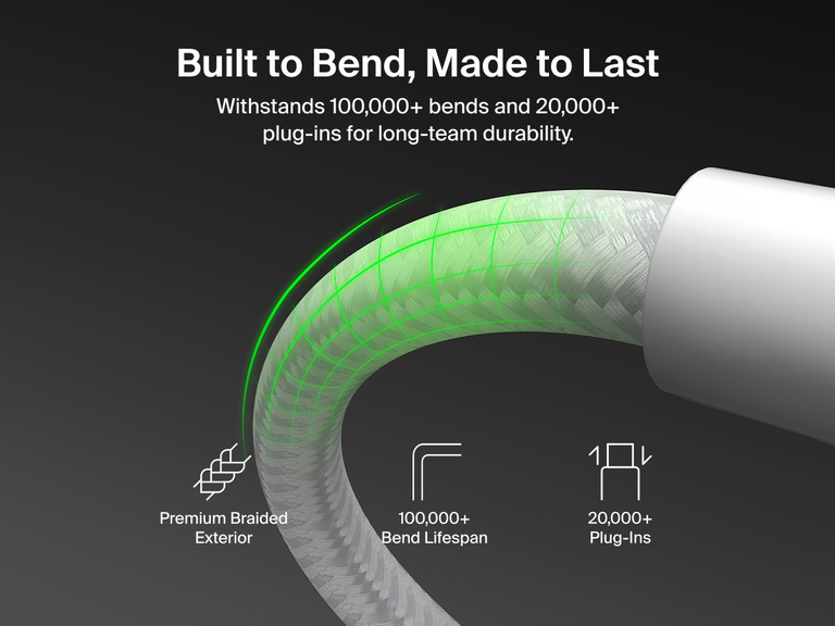 Belkin BoostCharge Pro Magnetic USB-C Cable 240W with premium braided exterior, built to withstand 100,000+ bends and 20,000+ plug-ins for long-term durability.