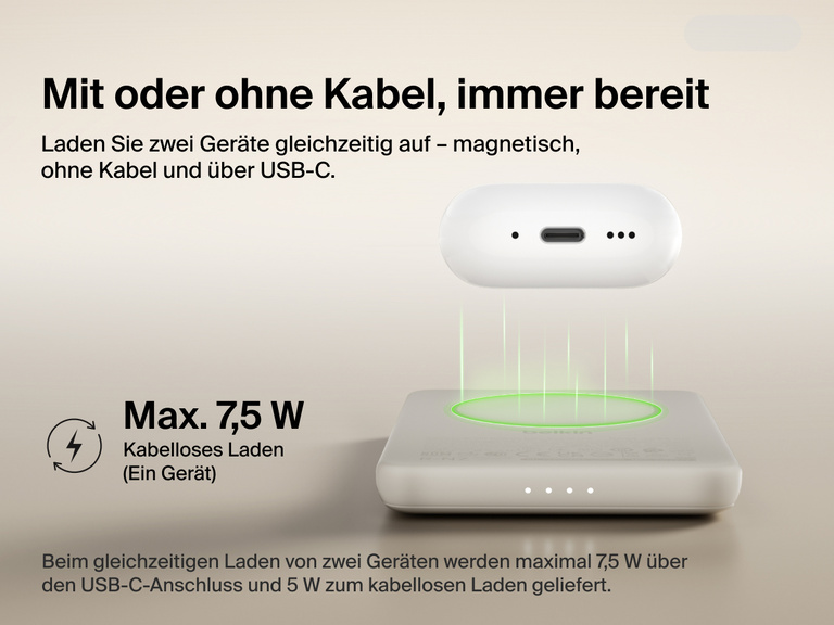 Belkin BoostCharge Slim Magnetic Power Bank 5K shown wirelessly charging earbuds, demonstrating 7.5W max magnetic wireless charging for single-device power.