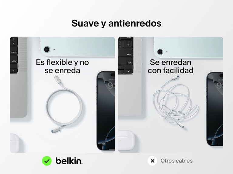 Comparativa uno al lado del otro en la que se muestran el cable Belkin BoostCharge USB-C con conector Lightning flexible y antienredos, superior a los cables estándar que se enredan con facilidad.