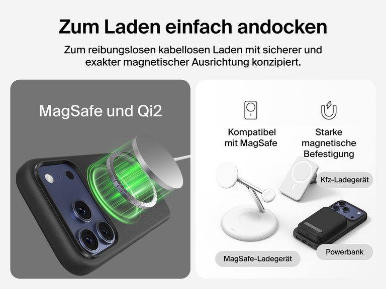 Belkin H&uuml;lle der SheerForce Protect Serie f&uuml;r iPhone 17 mit erh&ouml;hten R&auml;ndern zum Bildschirm- und Kameraschutz, entwickelt zum nahtlosen magnetischen, kabellosen Laden.