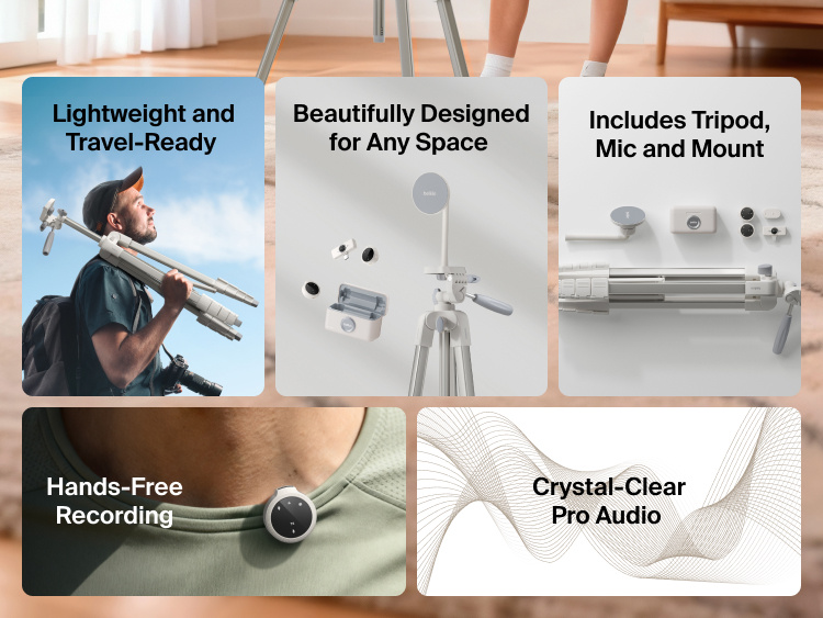 Image showing Belkin Stage Creator Kit with tripod, mic, and mount highlighting features like hands-free recording, crystal-clear pro audio, lightweight portability, and sleek design for any space.