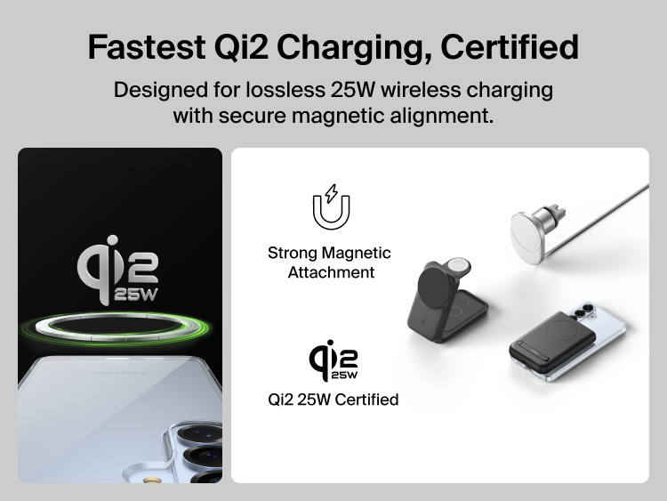 Belkin SheerForce Clear Series Case for Samsung Galaxy S26 shown supporting Qi2-certified 25W wireless charging with secure magnetic alignment for fast, efficient, and reliable charging.