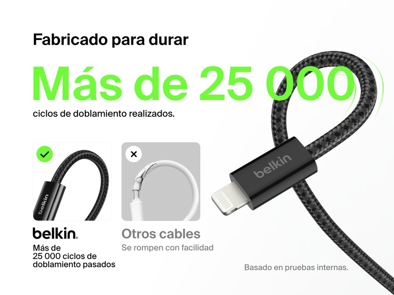 Cable Belkin BoostCharge USB-A con conector Lightning destacado por su vida útil de más de 25 000 doblamientos y un diseño trenzado duradero superior, con una longevidad y una resistencia superior a la de los cables estándar.