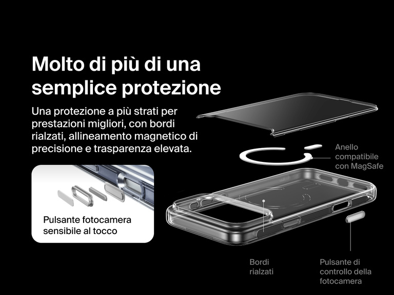 Belkin SheerForce Clear Series Case for iPhone 17 with raised edges, MagSafe-compatible ring, touch-sensitive camera button, and layered clear protection design.