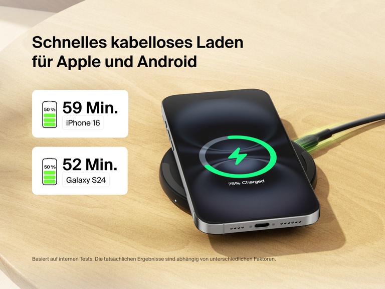 A black Belkin BoostCharge Wireless Charging Pad 15W is shown on a wooden surface charging an iPhone, with text highlighting fast wireless charging times of 59 minutes for iPhone 16 and 52 minutes for Galaxy S24 to reach 50% battery.