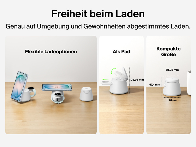 Die flexiblen Ladeoptionen der Belkin UltraCharge modularen Ladestation mit Qi2 25W, als St&auml;nder und Pad, werden veranschaulicht. Auch das kompakte, platzsparende Design, das praktisch zum t&auml;glichen Einsatz ist, wird gezeigt.
