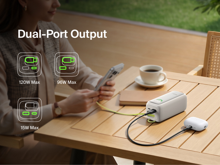 UltraCharge Power Bank 22K with Retractable Cable charging a phone and earbuds case at a table using dual-port output, with icons showing available wattage combinations