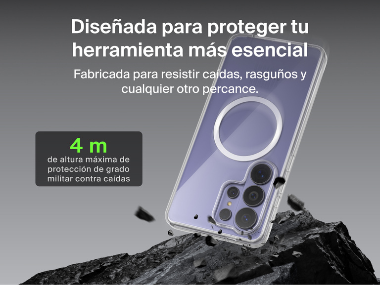Belkin SheerForce Clear Series Case for Samsung Galaxy S26 shown protecting a phone during impact, highlighting slim design with 13 ft / 4 m military-grade drop protection and built-in Qi2 wireless charging support.
