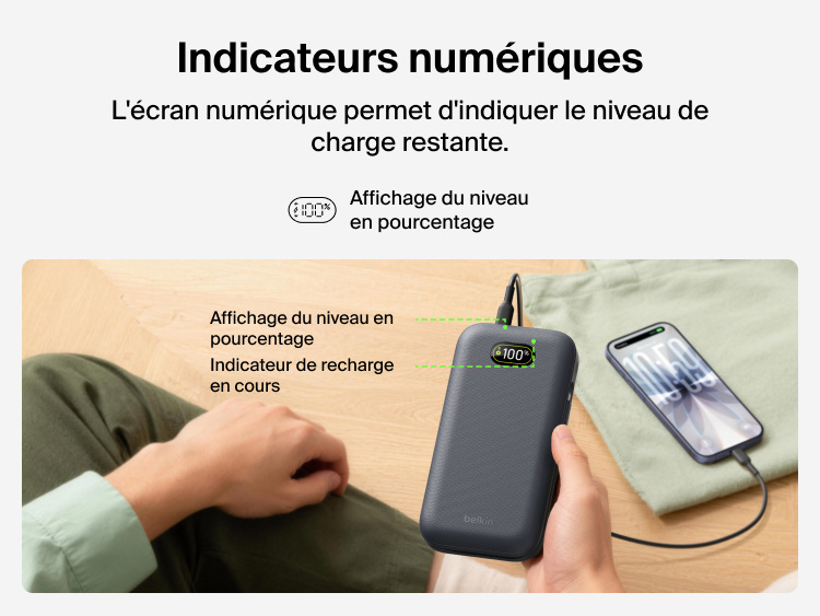 UltraCharge Pro Laptop Power Bank 27K with digital battery percentage display showing real-time power levels while charging a smartphone