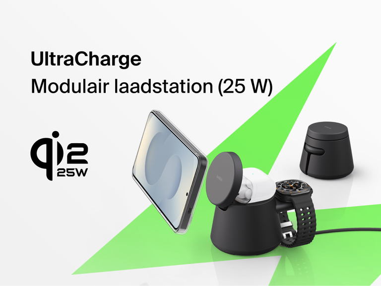 Afbeelding van het Belkin UltraCharge modulaire laadstation met Qi2 25W, een alles-in-&eacute;&eacute;n oplossing voor het snel draadloos opladen van compatibele smartphones, smartwatches en oordopjes.