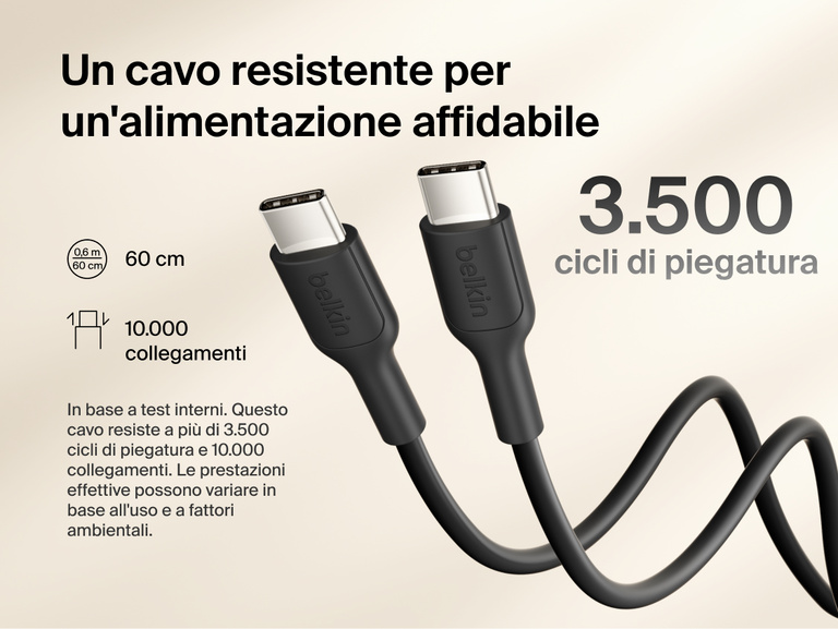 Belkin BoostCharge Slim Magnetic Power Bank 10K with included USB-C to USB-C cable highlighting durable design tested for 3,500 bends and 10,000 plug-ins