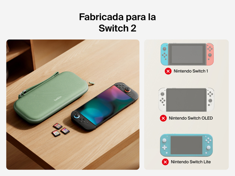 The Belkin Gaming Travel Case is shown beside a Nintendo Switch 2, with icons indicating compatibility exclusively with Switch 2—not with Switch 1, OLED, or Lite models.
