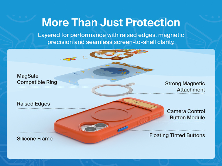 Belkin SheerForce Toy Story 5 Magnetic Protective Case with Kickstand for iPhone highlighting MagSafe compatibility, raised edges, magnetic attachment, and protective design.