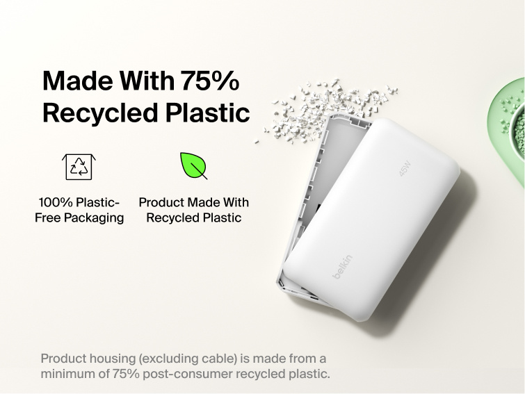 Belkin UltraCharge 20K 45W power bank with integrated cable made with recycled materials and plastic-free packaging for a more sustainable charging solution
