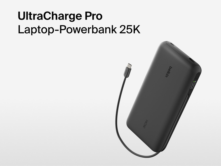 Belkin UltraCharge Pro Laptop Power Bank 25K with integrated cable and digital display, high-capacity portable charger for laptops and devices