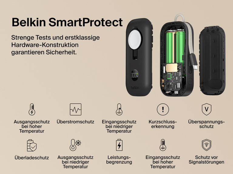 Die Belkin BoostCharge Pro Powerbank 10K mit Apple Watch Ladeger&auml;t ist mit Belkin SmartProtect-Technologie versehen, die Schutz vor &Uuml;berstrom, Kurzschluss, &Uuml;bertemperatur und &Uuml;berspannungen liefert, um sicheres Laden zu gew&auml;hrleisten.