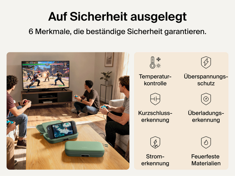 Belkin Gaming Charging Case Pro for Nintendo Switch 2 shown in a living room setup highlighting engineered safety features including temperature monitoring, overvoltage protection, overload detection, and fire-resistant materials.