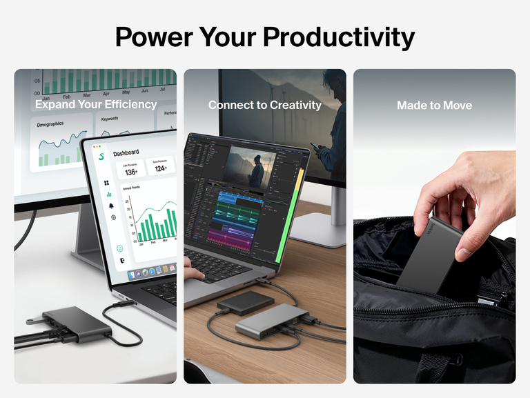 Belkin Connect 8-Port USB-C Hub with 2.5Gb Ethernet shown enhancing productivity setups for work and creativity, with compact design easily fitting into a bag for portable use.