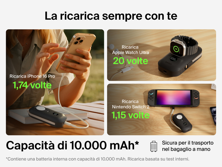 Il prodotto power bank 10K con caricabatteria per Apple Watch Belkin BoostCharge &egrave; conforme per il trasporto in aereo con abbastanza capacit&agrave; per ricaricare iPhone 16 Pro, Apple Watch Ultra e Nintendo Switch 2 durante gli spostamenti.