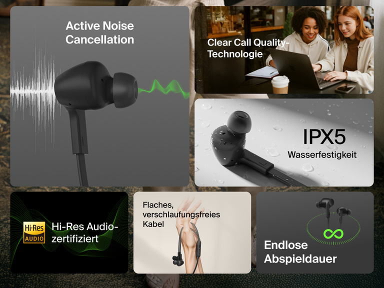 Belkin SoundForm ANC Wired Earbuds with USB-C® featuring active noise cancellation, IPX5 water resistance, Hi-Res audio, tangle-free cable, and clear call quality.