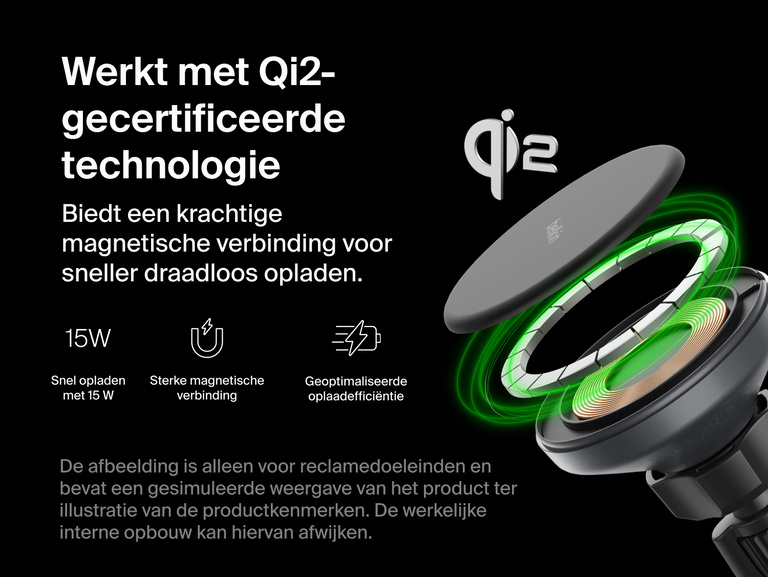 Exploded view of the Belkin BoostCharge Magnetic Wireless Charging Car Vent and Dash Mount highlighting its Qi2-certified 15W fast charging, strong magnetic connection, and optimized charging efficiency.