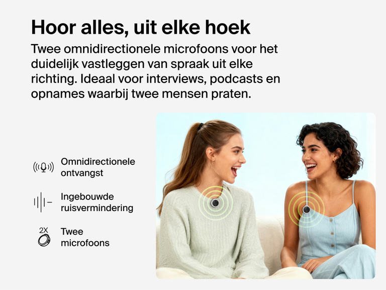 Twee vrouwen zitten naast elkaar op een bank. De vrouw heeft een kleine ronde microfoon vastgeklemd op haar kleding. De kleurrijke ringen rond de microfoons illustreren de omnidirectionele geluidsopname. Links staat de tekst: Hoor alles, uit elke hoek&rdquo; en worden kenmerken als twee omnidirectionele microfoons, ingebouwde ruisonderdrukking ge&iuml;llustreerd en wordt benadrukt dat de twee microfoons ideaal zijn voor interviews, podcasts en opnames met twee personen.