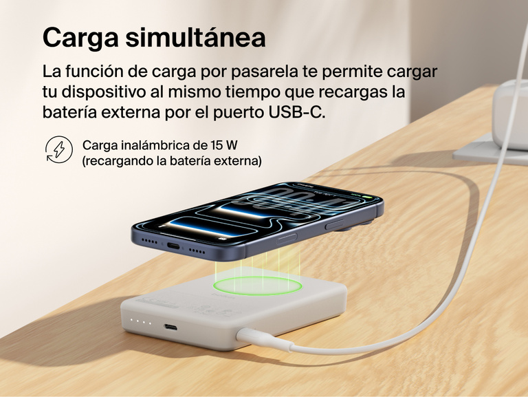 Slim Magnetic Power Bank 10K with Qi2 wirelessly charging smartphone while recharging via USB-C pass-through charging