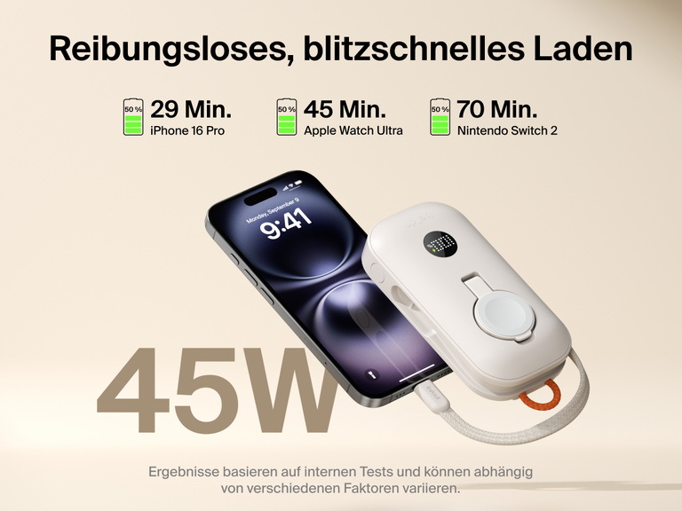 Die Belkin BoostCharge Pro Powerbank 10K mit Apple Watch-Ladeger&auml;t liefert 45&nbsp;W zum schnellen Laden des iPhone&nbsp;16&nbsp;Pro, der Apple Watch Ultra und des Nintendo Switch&nbsp;2.
