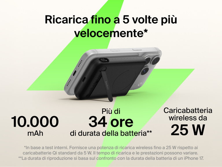 Belkin UltraCharge Pro Power Bank 10K with magnetic ring attached to a smartphone, highlighting up to 25W wireless fast charging, 10,000 mAh capacity, extended battery life, and built-in kickstand for hands-free use.