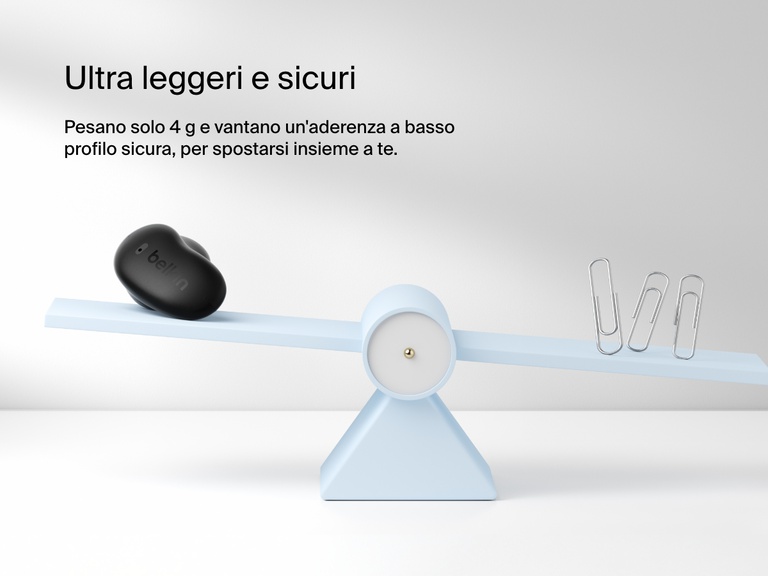 Belkin SoundForm Anywhere Wireless Earbuds shown on a balance scale highlighting ultra-light 4g weight and secure low-profile fit.