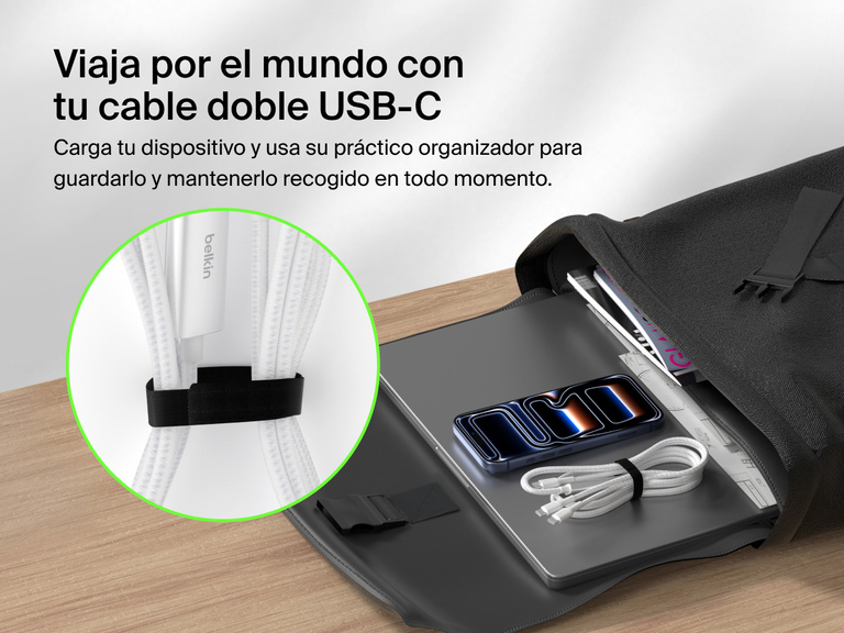 El cable trenzado USB-C a doble USB-C incluye un sistema organizador que permite recogerlo y guardarlo eficientemente para que puedas disfrutar de una c&oacute;moda carga de 140 W en cualquier parte.