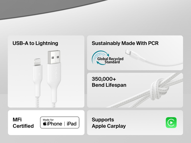 Infographic highlighting the Belkin BoostCharge Braided USB-A Cable with Lightning Connector, featuring MFi certification, Apple CarPlay support, 350,000+ bend lifespan, and eco-friendly materials made with PCR.