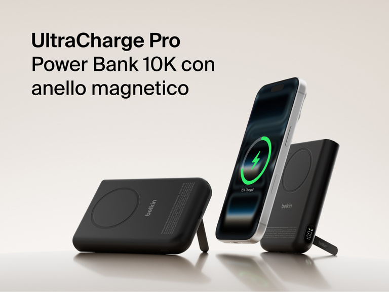 Belkin UltraCharge Pro Power Bank 10K with magnetic ring shown wirelessly charging a smartphone, featuring a slim portable battery design for on-the-go fast charging.