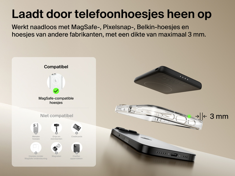 Belkin BoostCharge Slim Magnetic Power Bank 5K shown aligning with a smartphone and MagSafe-compatible case, demonstrating wireless charging through cases up to 3mm thick.
