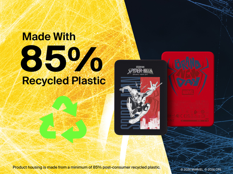 Belkin BoostCharge Slim Magnetic Power Bank 5K shown with text highlighting that its housing is made from 85% post-consumer recycled plastic for sustainable design.
