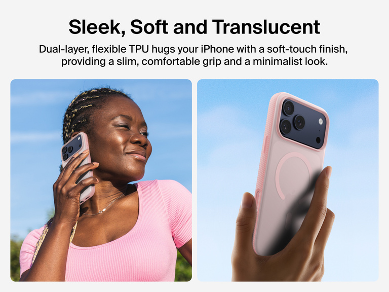 Belkin SheerForce Grip Series Case for iPhone 17 with slim translucent design and soft-touch finish for a comfortable grip.