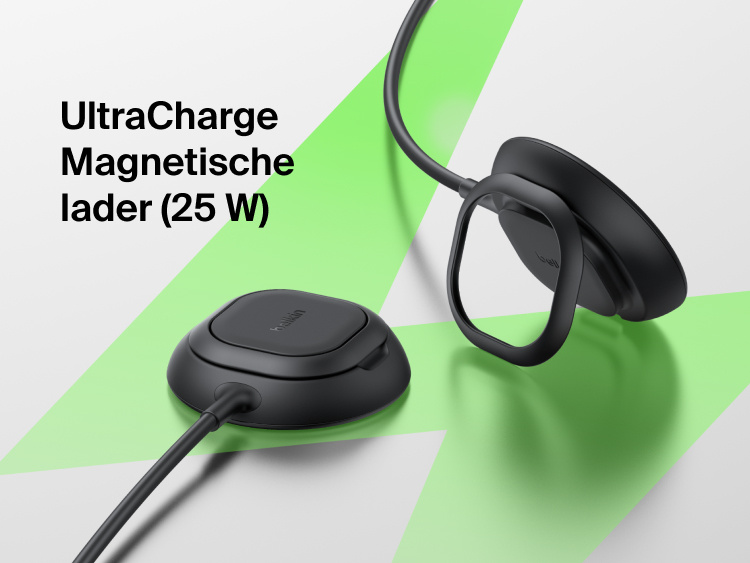 Belkin UltraCharge magnetische lader met Qi2 25W, afgebeeld als een slank magnetisch laadstation met een standaard, dat is ontworpen om apparaten snel en veilig draadloos op te laden.