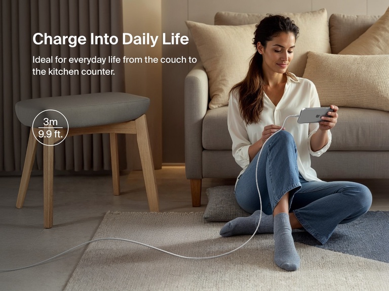 Woman sitting on the floor using a phone connected to the Belkin BoostCharge Pro USB-C to USB-C Braided Cable 240W, shown in a 3-meter (9.9 ft) length for everyday charging flexibility.