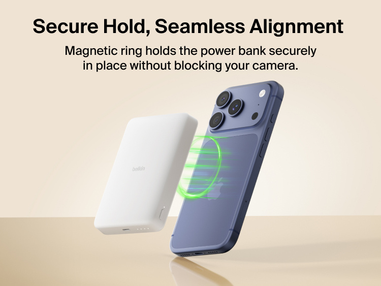 Belkin BoostCharge Slim 磁吸式行動電源 10K，透過磁力吸附在智慧型手機上，完成牢固吸附與無線充電，且不會遮擋相機