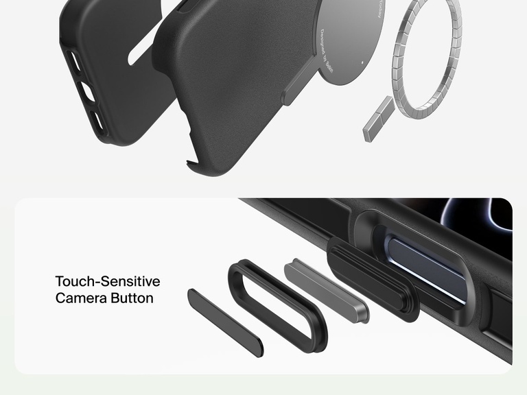 Belkin ScreenForce Protect Series Case for iPhone 17 featuring touch-sensitive camera button and layered design for magnetic precision and durable protection.