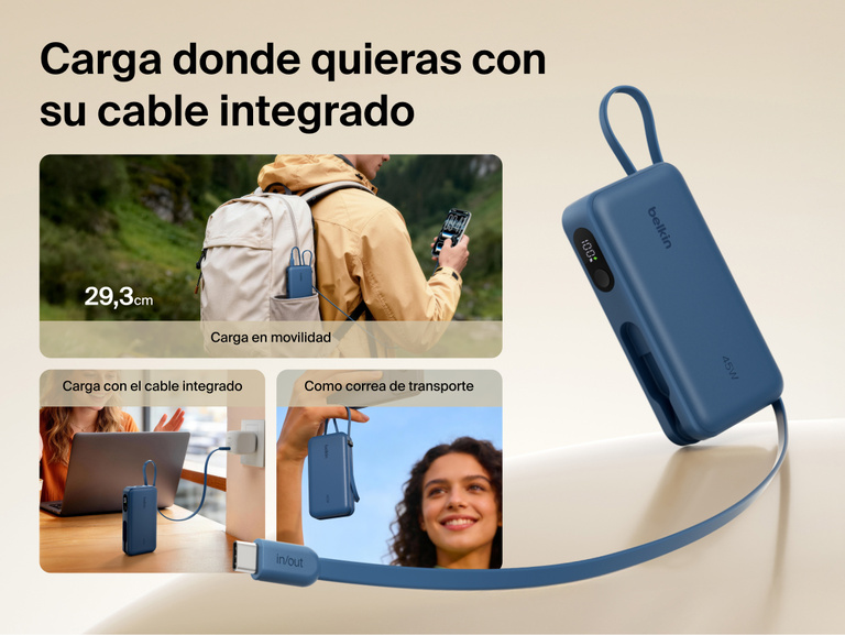 Belkin UltraCharge 10K power bank with integrated USB-C cable and digital display designed for portable charging, recharging, and convenient carry on the go